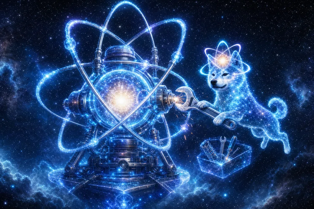 The glowing shiba works on a giant glowing atom machine in space, an open toolbox beside him.