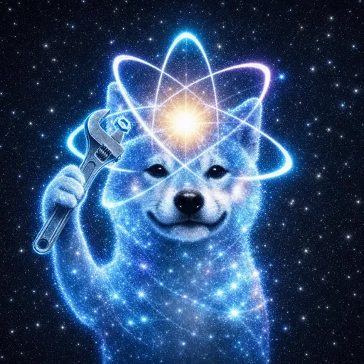 The glowing shiba holds up the big wrench in one paw.