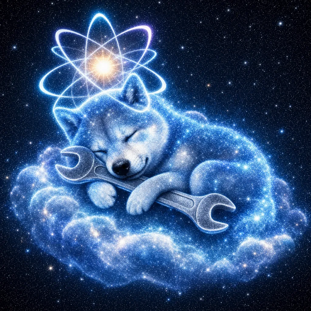 The glowing shiba sleeps on a soft star cloud, hugging the big wrench.