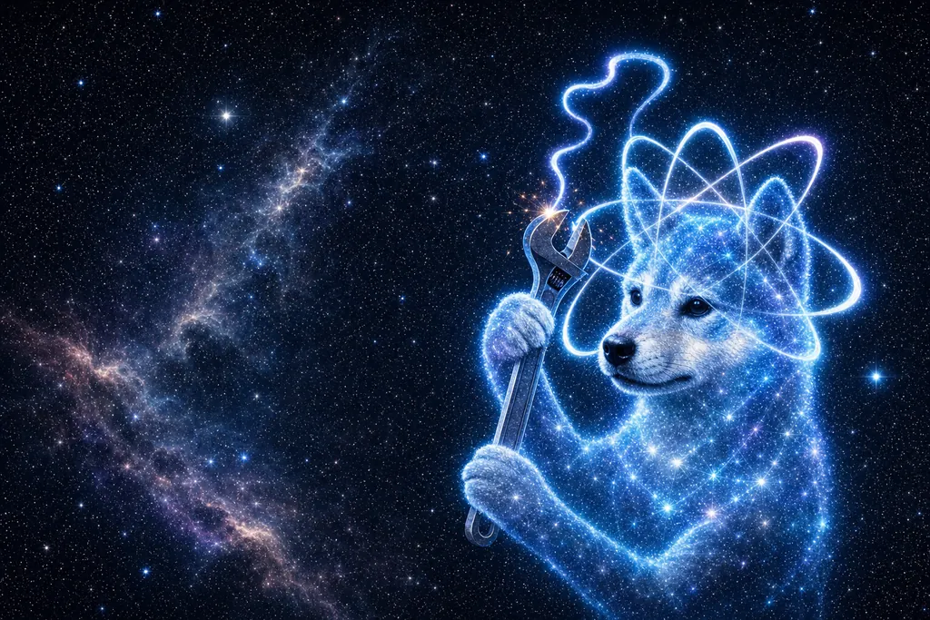 The glowing shiba uses the wrench to tighten a bright ring above its head, deep space behind.