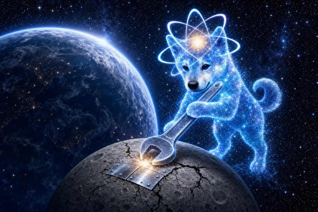 The glowing shiba stands on a cracked grey moon and works on the crack with the wrench. A big blue planet is behind.