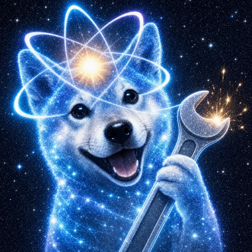 Close-up of the smiling glowing shiba holding the wrench. A small spark jumps off the top.