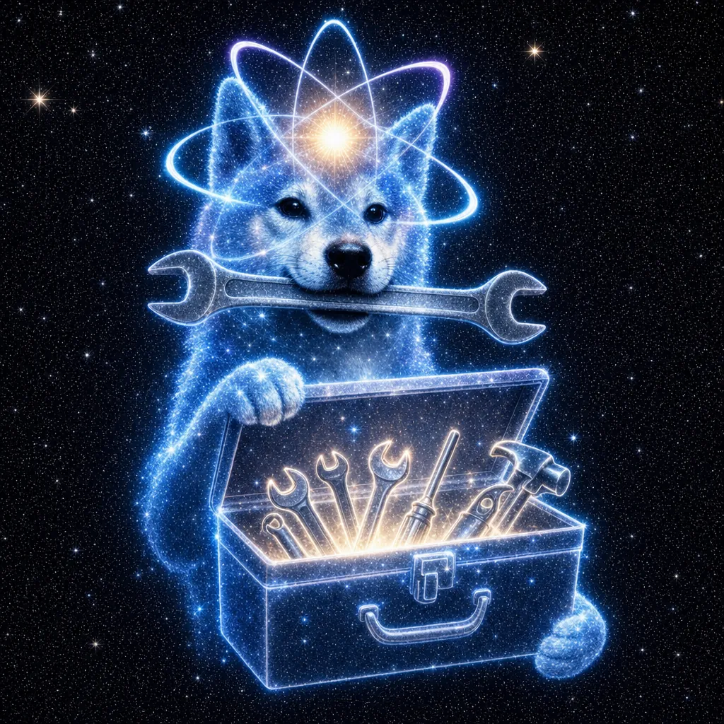 The glowing shiba holds a wrench in its mouth and opens a glowing toolbox full of tools.